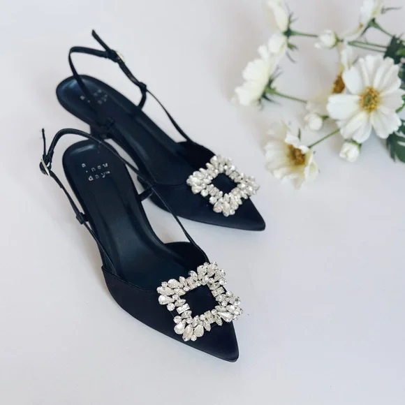 Target A New Day Elegant Black Slingback Heels Embellished Buckle - Picture 1 of 7